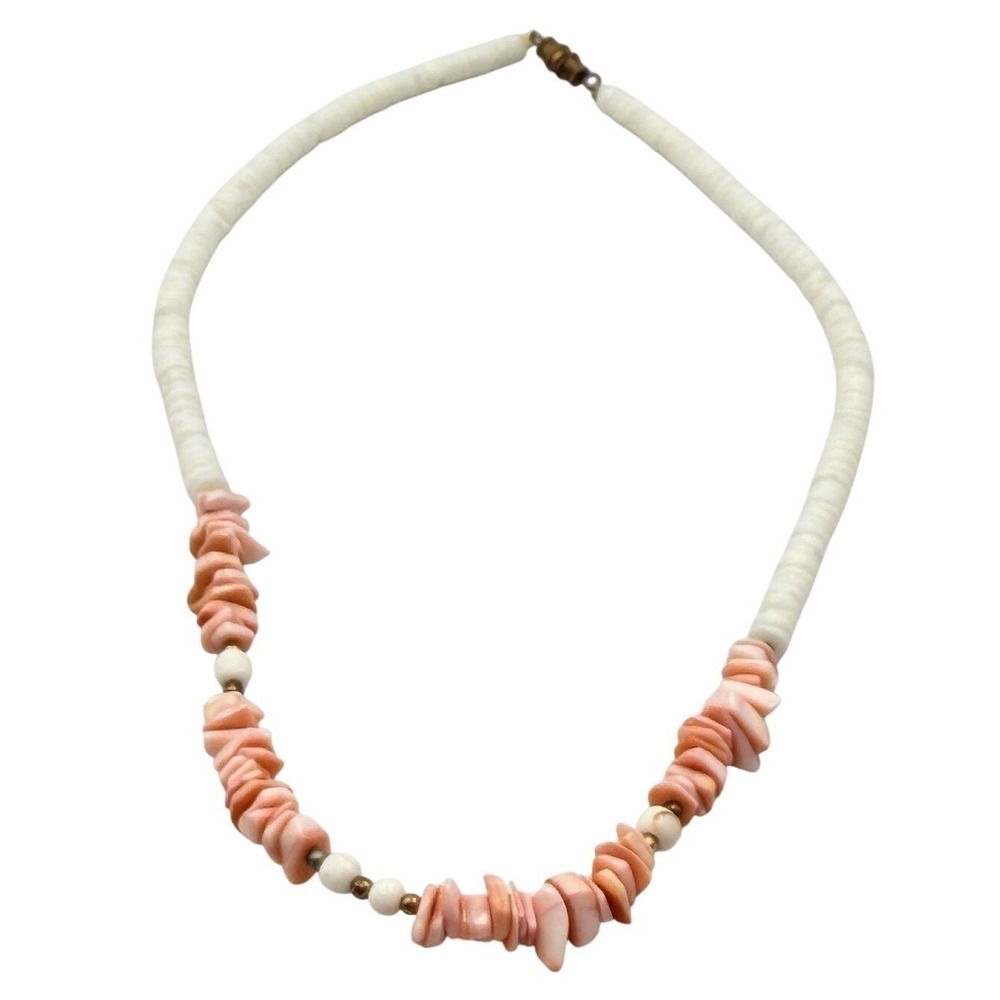 Vtg Pink And White Puka Shell Chip Necklace With Beads And Barrel Clasp